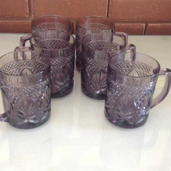Vintage French Pressed Glass Mugs, Set of 6 Cristal d'Arques Durand Amethyst - Picture 2 of 6